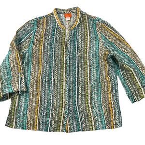Hearts of Palm Top Womens  16 Turquoise Multicolor Print Sheer Blouse